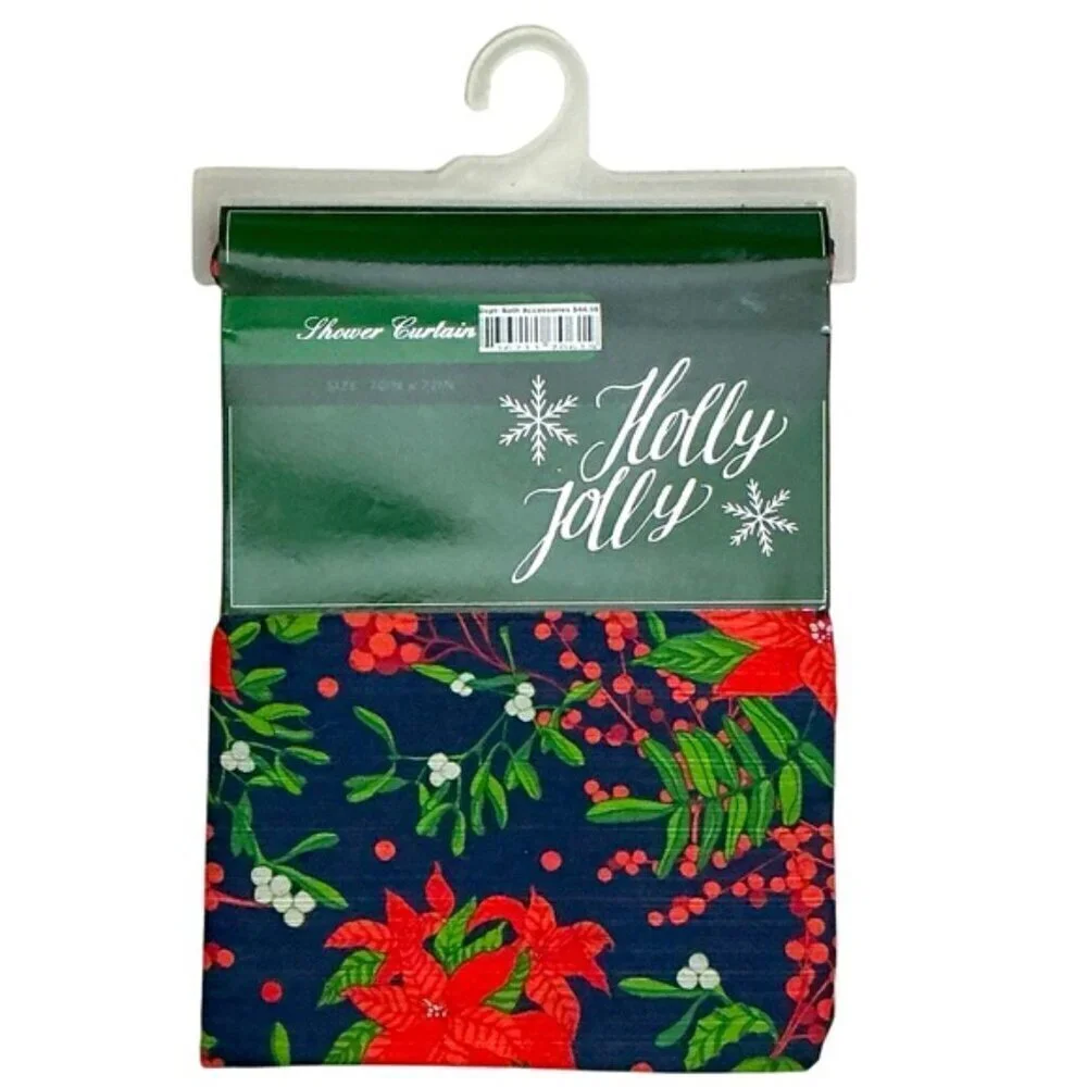 Christmas Shower Curtain Holiday Poinsettias Fabric Classic Navy Blue 70x72 In